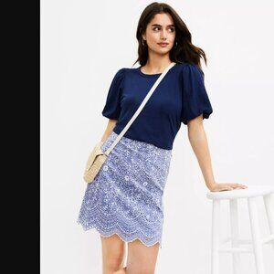 LOFT SZ 8 Blue & White Embroidered Scalloped Hem Shift Mini Skirt 100% Cotton